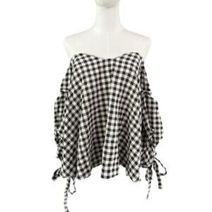 Miou Muse Gingham Black and White Off-Shoulder Top Size Large NWT Cottagecore